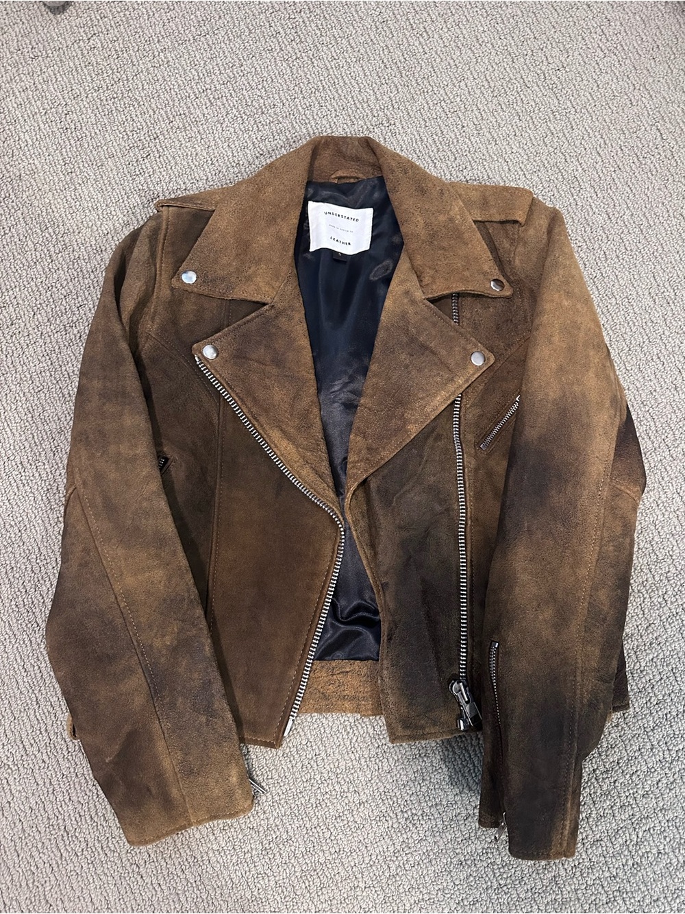 Understated Leather Brown Distressed Suede Moto Biker Jacket Size S